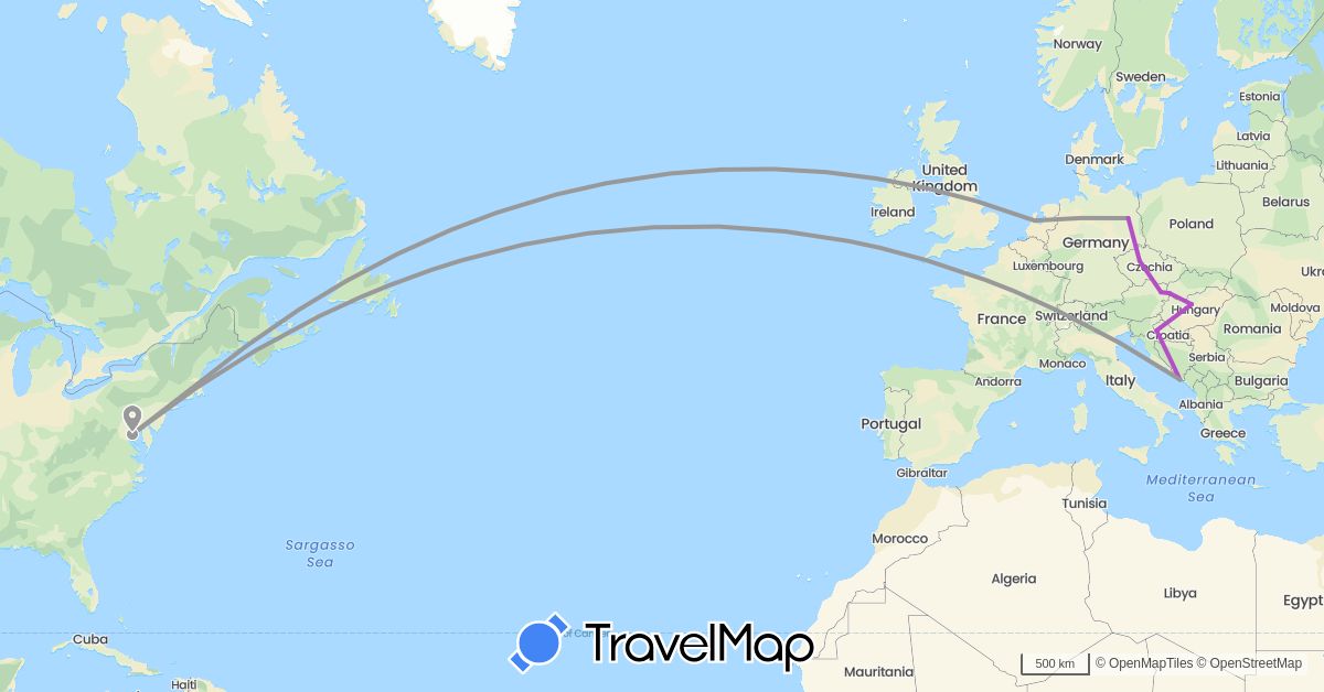 TravelMap itinerary: driving, plane, train in Austria, Czech Republic, Germany, Croatia, Hungary, Netherlands, Slovakia, United States (Europe, North America)